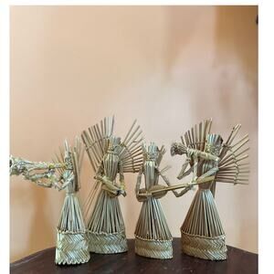 Vintage Boho Christmas Rattan Angels with Instruments Set of 4